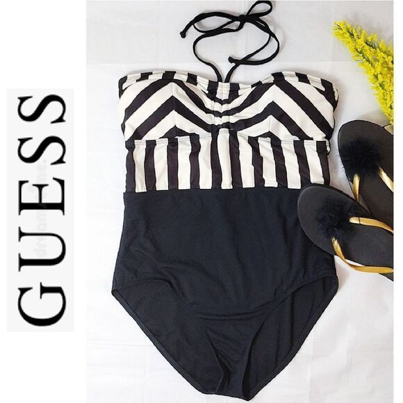 GUESS Black White High Waist Bandeau One Piece Swimsuit Medium - Picture 5 of 13
